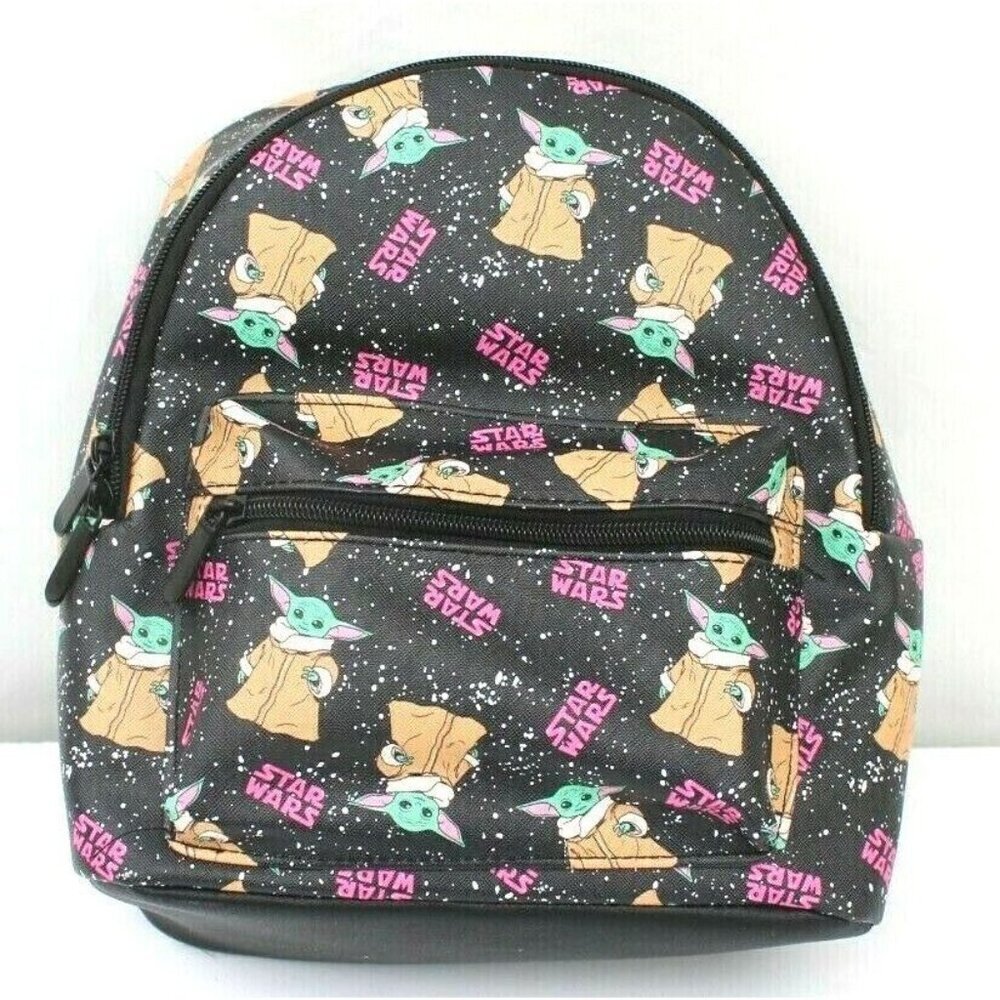 Rare New Bioworld Star Wars Black Backpack Multi-Color Grogu Baby Yoda 11" x 9"